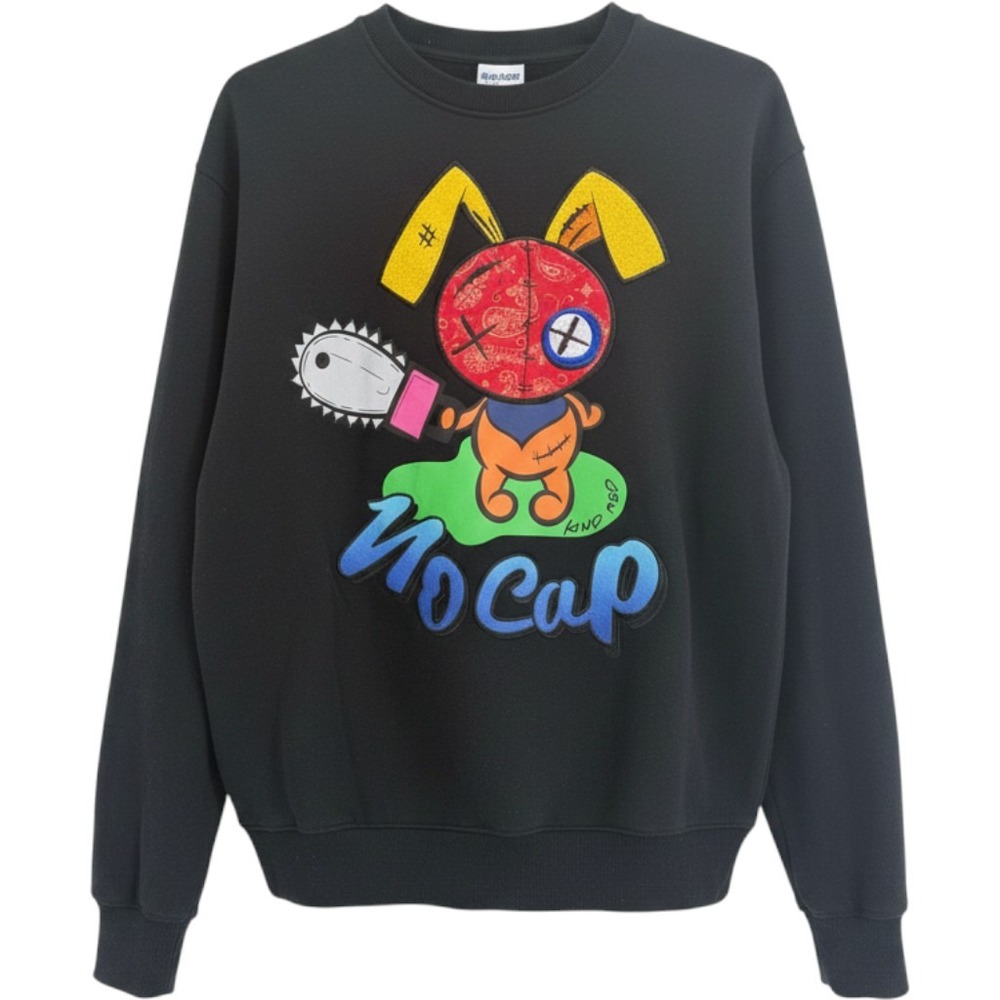 Kindred Mens No Cap Bunny Chainsaw Graphic Crewneck Sweatshirt Black Medium